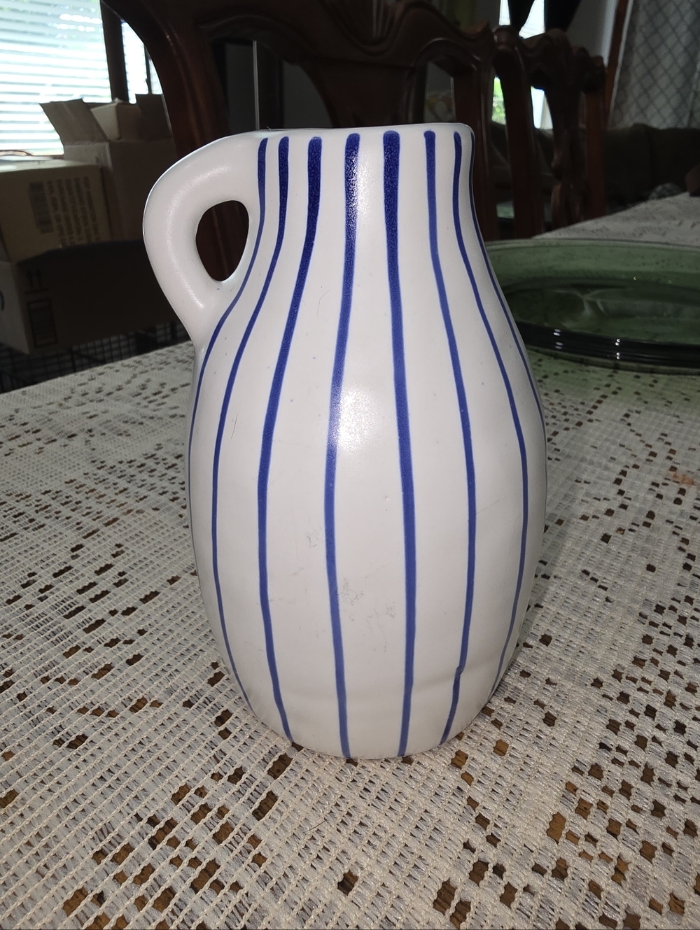 IKEA White Ceramic Pitcher with Blue Accent Stripes